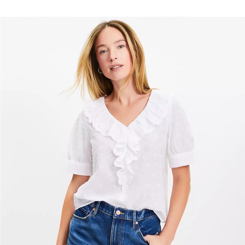 NWT LOFT Beautiful White Cotton Clip Eyelet Ruffle Puff Sleeves Blouse Size XL